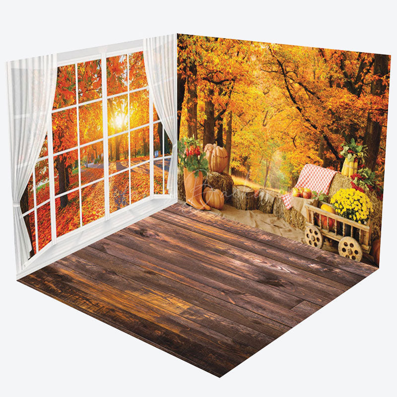 Lofaris Autumn Maple Forest Window Scene Room Set Backdrop