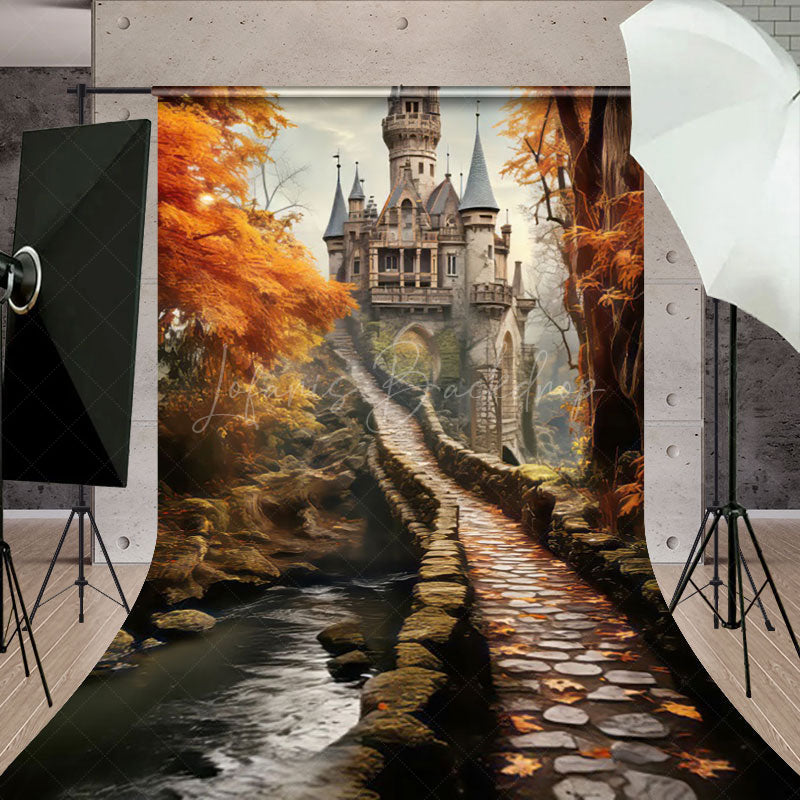 Lofaris Autumn Maple Grove Stone Path Castle Photo Backdrop