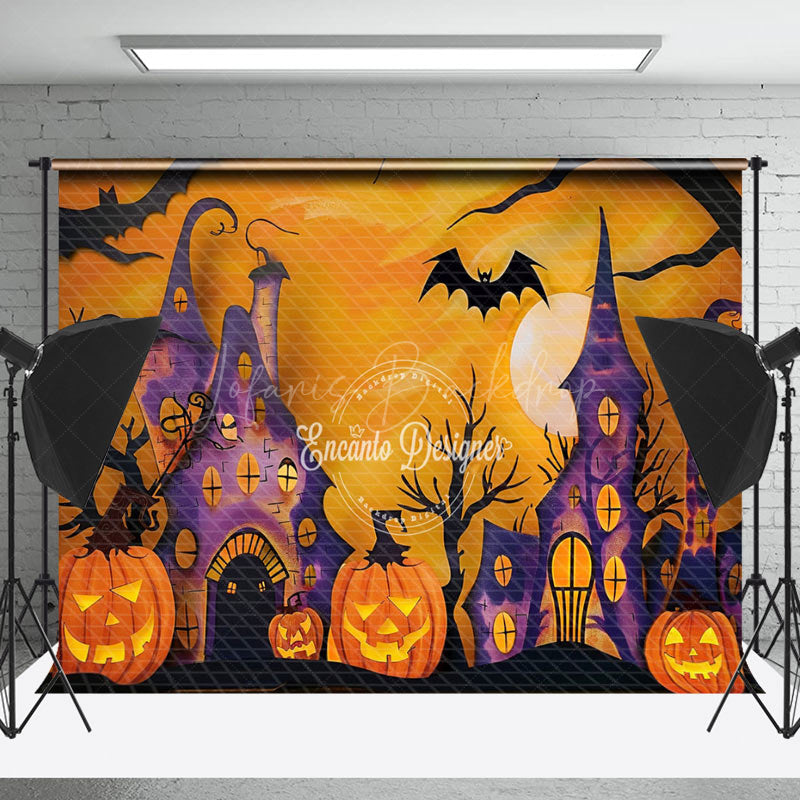 Lofaris Awful Pumpkins Castle Bats Moon Halloween Backdrop