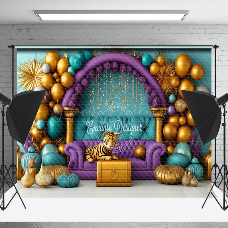 Lofaris Balloons Green Wall Purple Sofa Cake Smash Backdrop