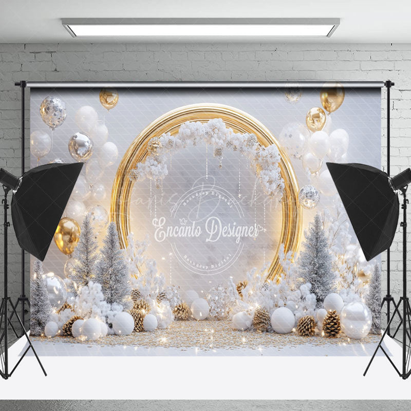 Lofaris Balloons Snowy Trees Gold Circle Christmas Backdrop