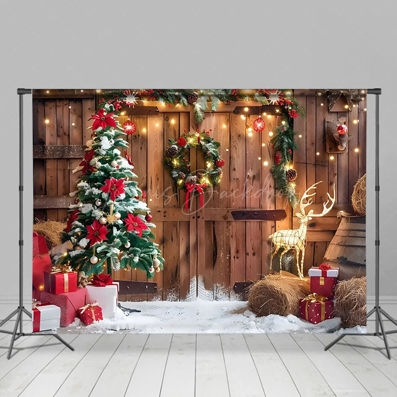 Lofaris Barn Door Reindeer Lights Garland Christmas Backdrop