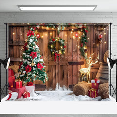 Lofaris Barn Door Reindeer Lights Garland Christmas Backdrop