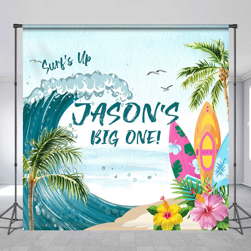 Lofaris Beach Surf Up Big One Custom Name Birthday Backdrop