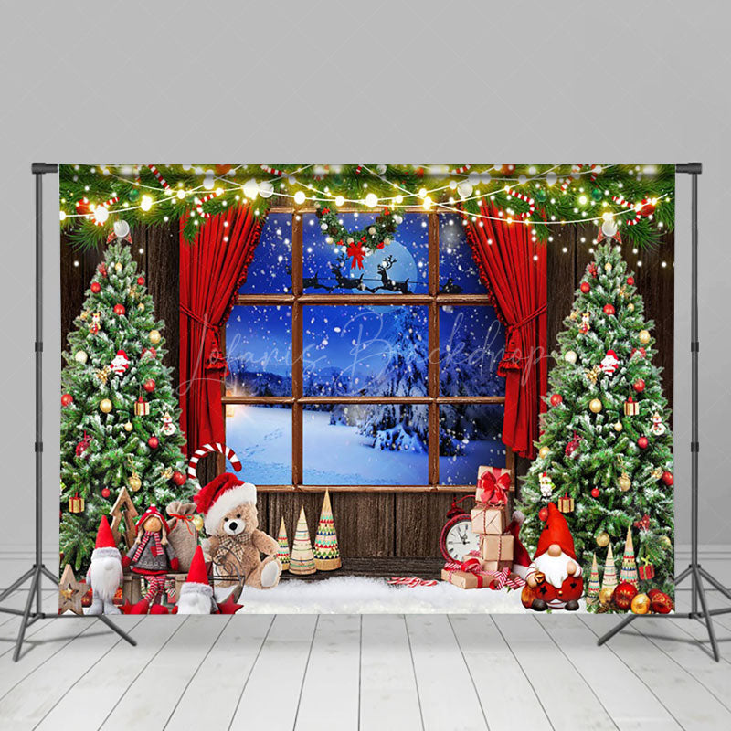 Lofaris Bear Doll Wood Window Night Snowfield Xmas Backdrop