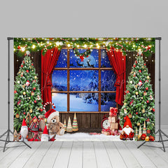 Lofaris Bear Doll Wood Window Night Snowfield Xmas Backdrop