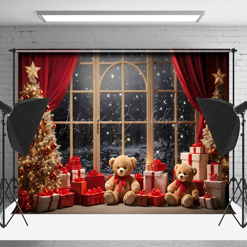 Lofaris Bears Gifts Snowy Window Scene Christmas Backdrop