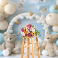 Lofaris Beige Balloon Arch Bear Blue Sky Cake Smash Backdrop