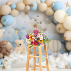 Lofaris Beige Blue Balloons Bears Stars Cake Smash Backdrop