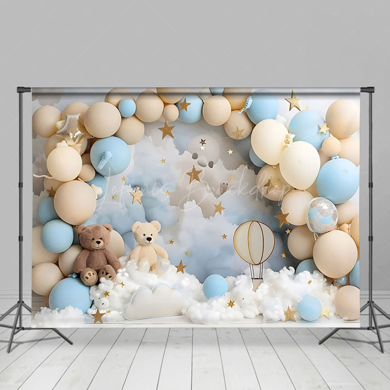 Lofaris Beige Blue Balloons Bears Stars Cake Smash Backdrop