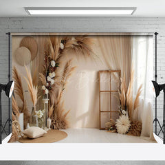 Lofaris Beige Boho Floral Pampas Grass Window Photo Backdrop