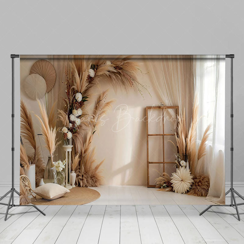 Lofaris Beige Boho Floral Pampas Grass Window Photo Backdrop