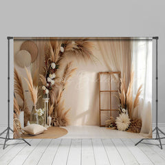 Lofaris Beige Boho Floral Pampas Grass Window Photo Backdrop