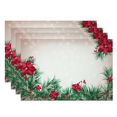 Lofaris Beige Bokeh Leaves Poinsettia Xmas Set Of 4 Placemats