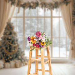 Lofaris Beige Curtain Xmas Tree Window Scene Photo Backdrop