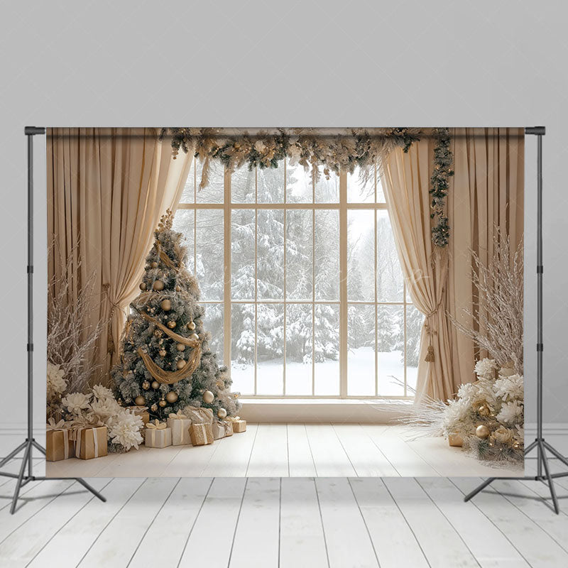 Lofaris Beige Curtain Xmas Tree Window Scene Photo Backdrop