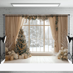 Lofaris Beige Curtain Xmas Tree Window Scene Photo Backdrop