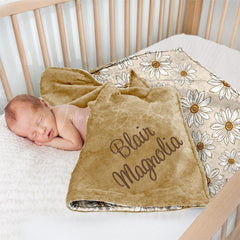 Lofaris Beige Daisy Flower Embroidered Minky Baby Blanket