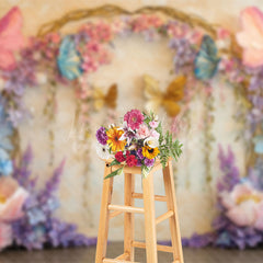 Lofaris Beige Retro Wall Floral Butterfly Photo Backdrop