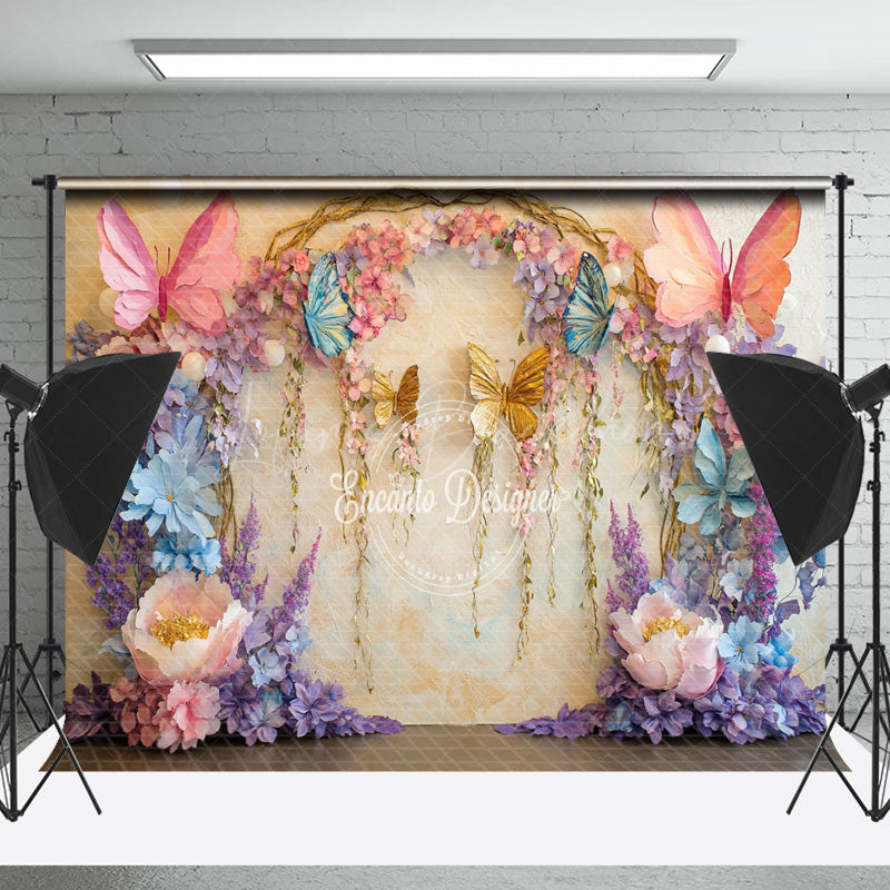 Lofaris Beige Retro Wall Floral Butterfly Photo Backdrop