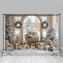 Lofaris Beige Room Window Snowy Christmas Set Backdrop