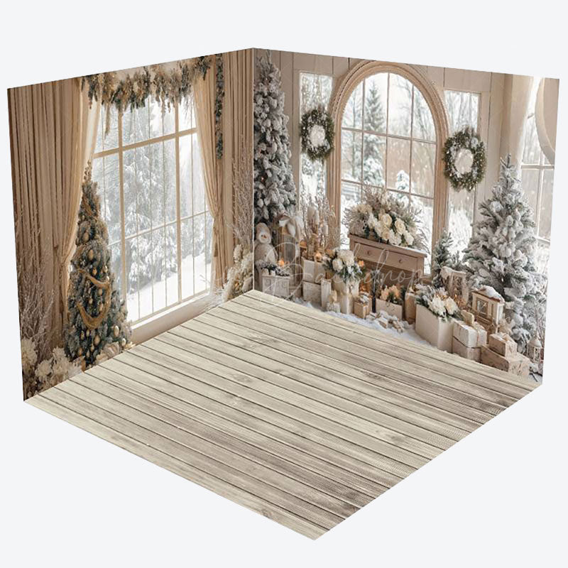 Lofaris Beige Room Window Snowy Christmas Set Backdrop