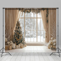 Lofaris Beige Room Window Snowy Christmas Set Backdrop