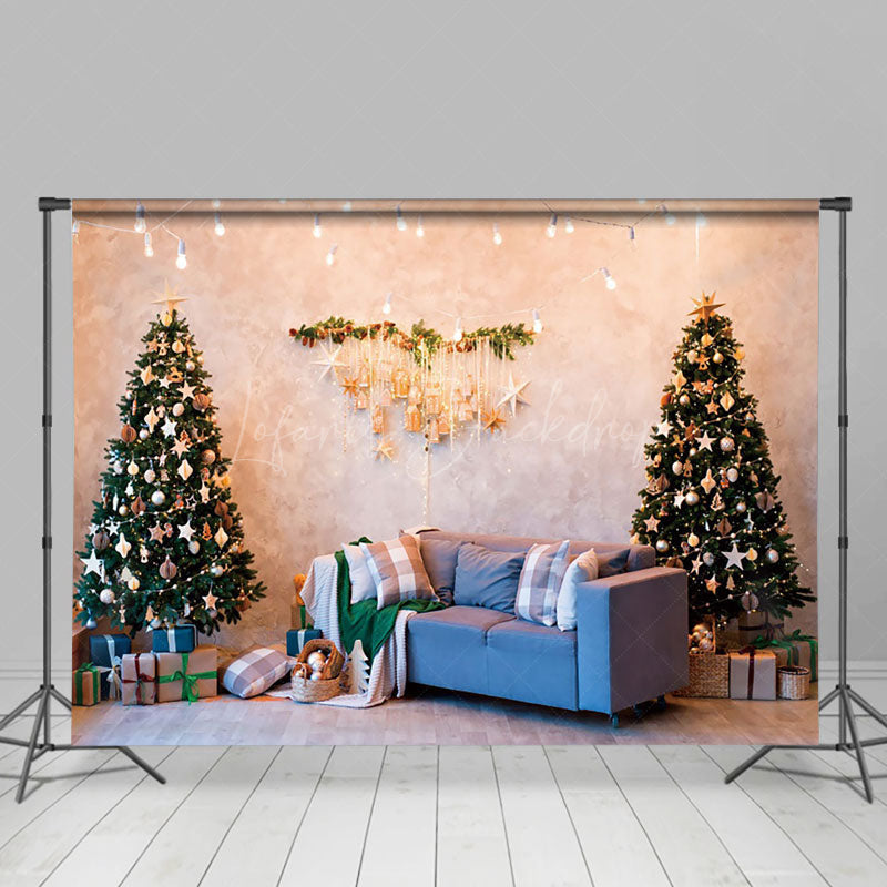 Lofaris Beige Wall Blue Sofa Xmas Tree Christmas Backdrop