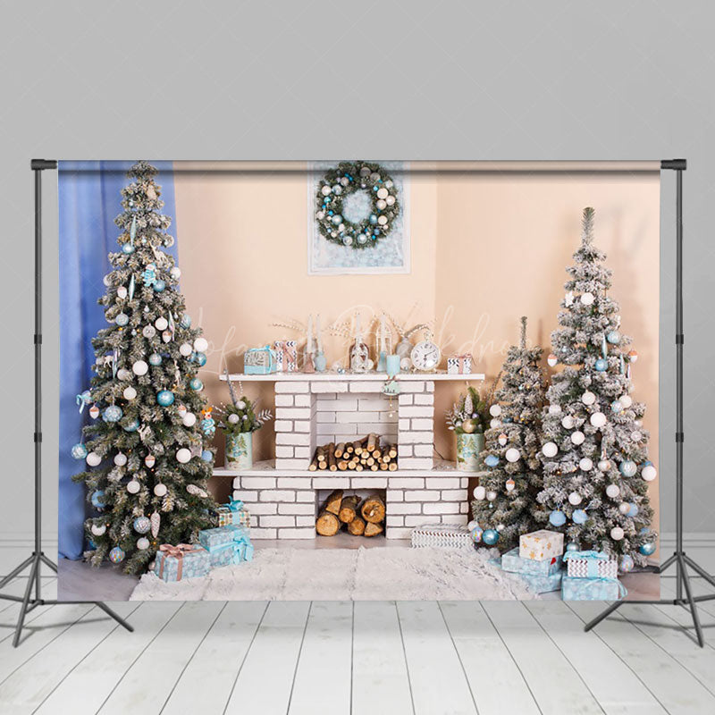 Lofaris Beige Wall Fireplace Xmas Trees Christmas Backdrop