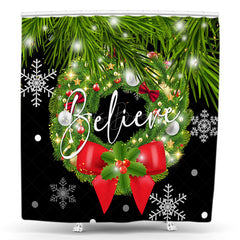 Lofaris Believe Snowy Christmas Wreath Black Shower Curtain