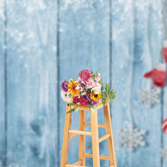 Lofaris Bells Snowy Retro Blue Wooden Christmas Backdrop