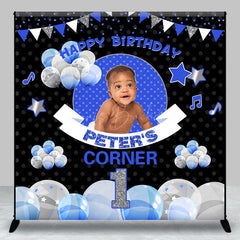 Lofaris Black Blue Balloons Corner Custom Birthday Backdrop