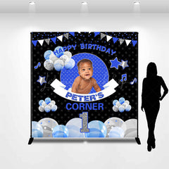 Lofaris Black Blue Balloons Corner Custom Birthday Backdrop