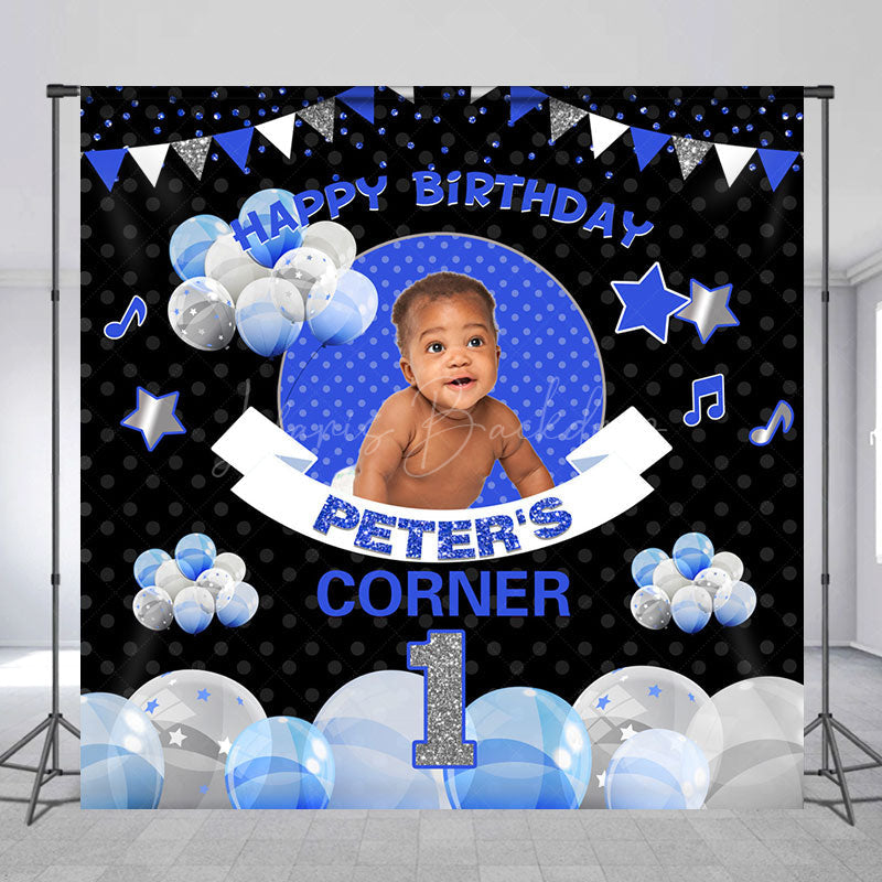 Lofaris Black Blue Balloons Corner Custom Birthday Backdrop