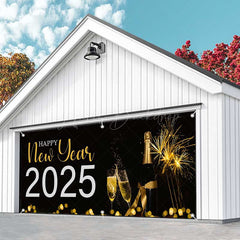 Lofaris Black Champagne Sparks Happy 2025 Garage Door Banner