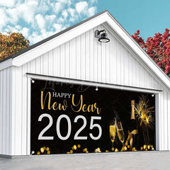 Lofaris Black Champagne Sparks Happy 2025 Garage Door Banner