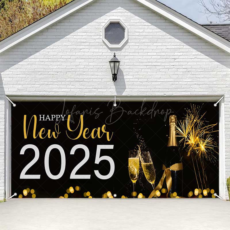 Lofaris Black Champagne Sparks Happy 2025 Garage Door Banner