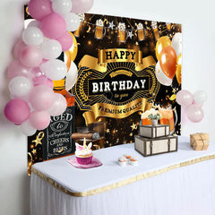 Lofaris Black Gold Balloons Beer Happy Birthday Backdrop