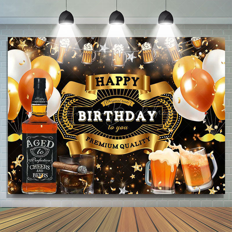 Lofaris Black Gold Balloons Beer Happy Birthday Backdrop