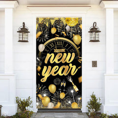 Lofaris Black Gold Balloons Clock Happy New Year Door Cover