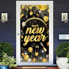 Lofaris Black Gold Balloons Clock Happy New Year Door Cover