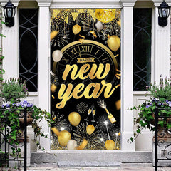 Lofaris Black Gold Balloons Clock Happy New Year Door Cover