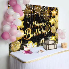 Lofaris Black Gold Balloons Sparkle Happy Birthday Backdrop