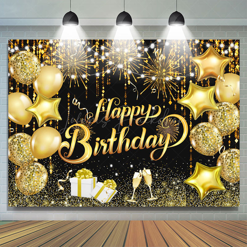 Lofaris Black Gold Balloons Sparkle Happy Birthday Backdrop