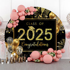 Lofaris Black Gold Balloons Sparkle Round Graduation Backdrop