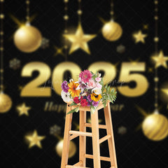 Lofaris Black Gold Bells Stars 2025 Happy New Year Backdrop