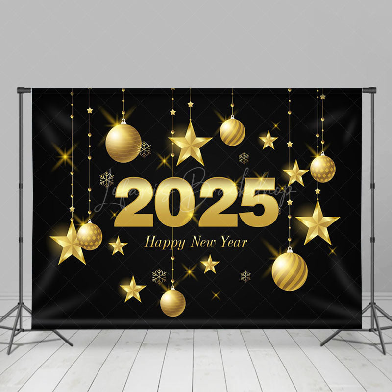 Lofaris Black Gold Bells Stars 2025 Happy New Year Backdrop