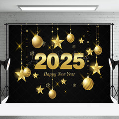 Lofaris Black Gold Bells Stars 2025 Happy New Year Backdrop