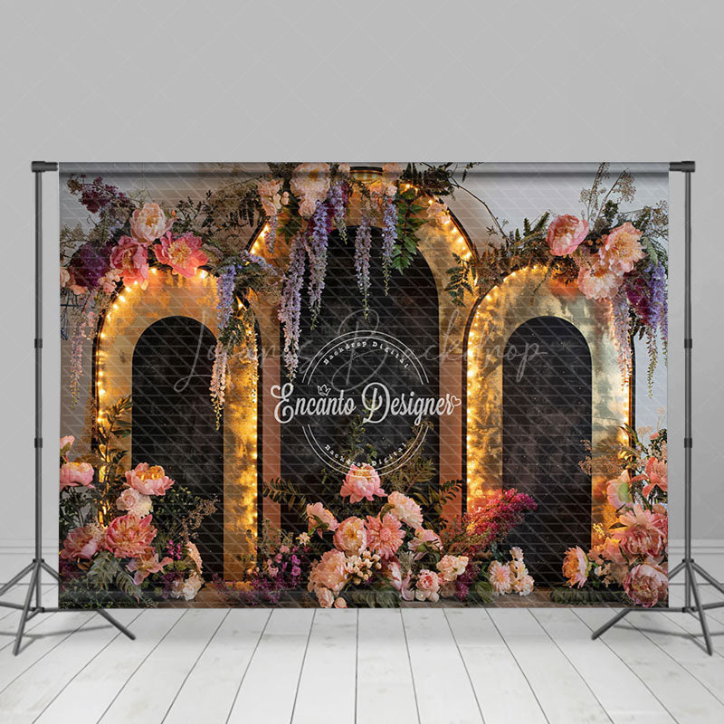 Lofaris Black Gold Lighted Arch Wall Floral Wedding Backdrop