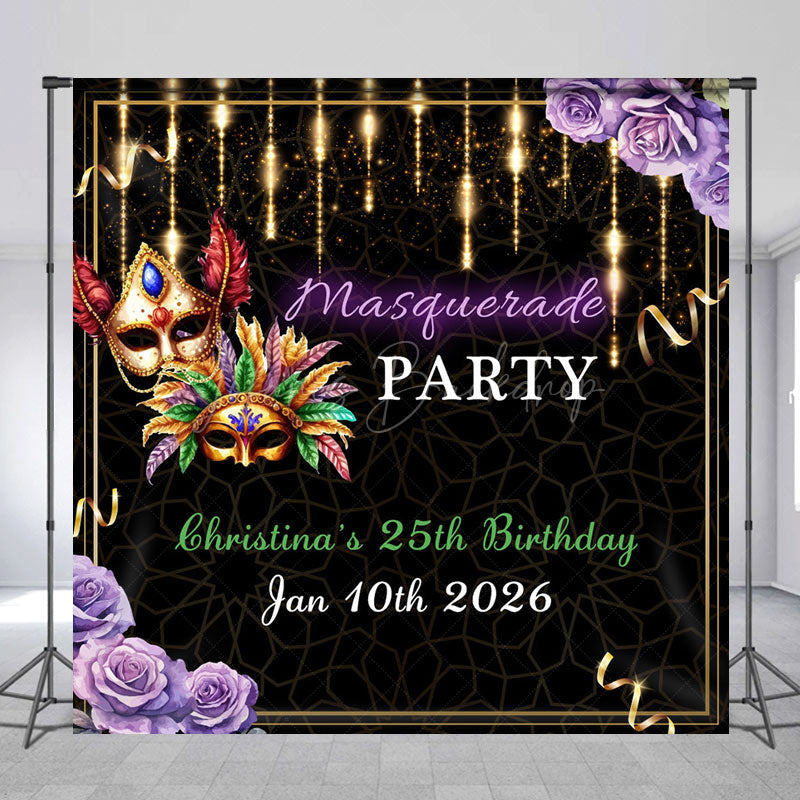 Lofaris Black Gold Masquerade Custom Name Birthday Backdrop